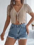 Tied Openwork Short Sleeve Cardigan - Trendsi - Flyclothing LLC