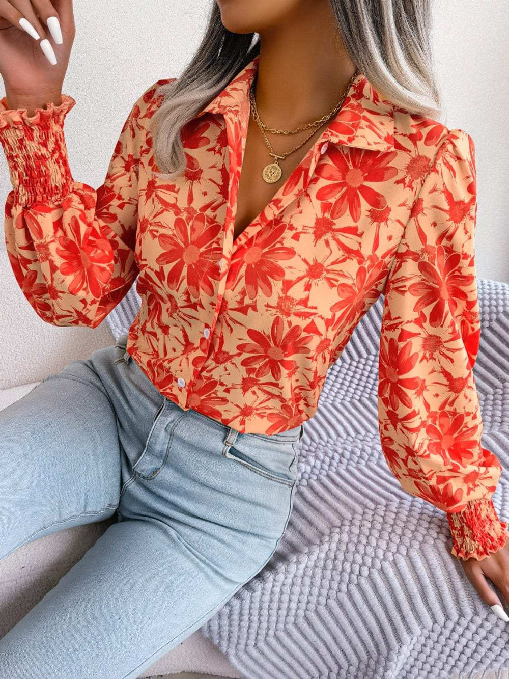 Floral Collared Neck Long Sleeve Shirt - Trendsi - Flyclothing LLC