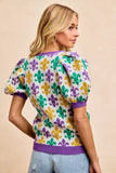 BiBi Mardi Gras Fleur De Lis Patterned V Neck Knit Top - Trendsi - Flyclothing LLC