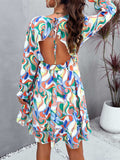 Backless Printed V-Neck Flounce Sleeve Dress - Trendsi - Flyclothing LLC