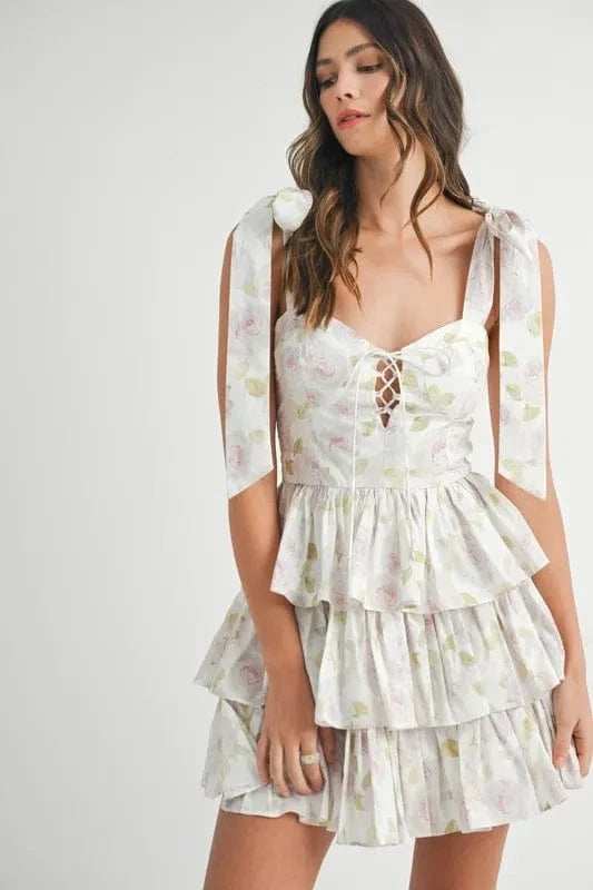 MABLE Floral Print Shoulder Tie Layered Mini Dress - Trendsi - Flyclothing LLC