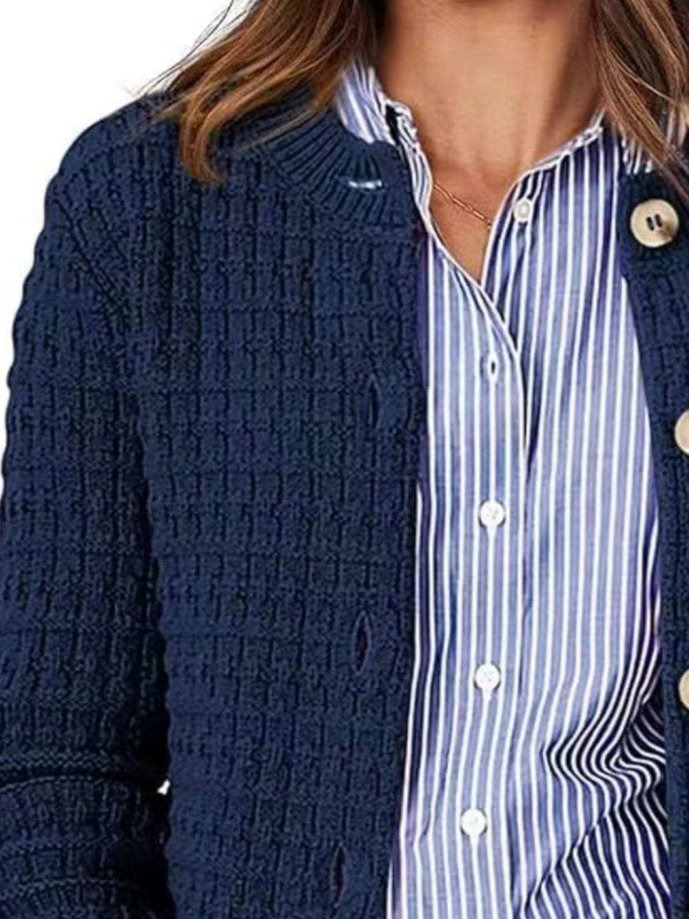 Button Up Round Neck Long Sleeve Cardigan - Trendsi - Flyclothing LLC
