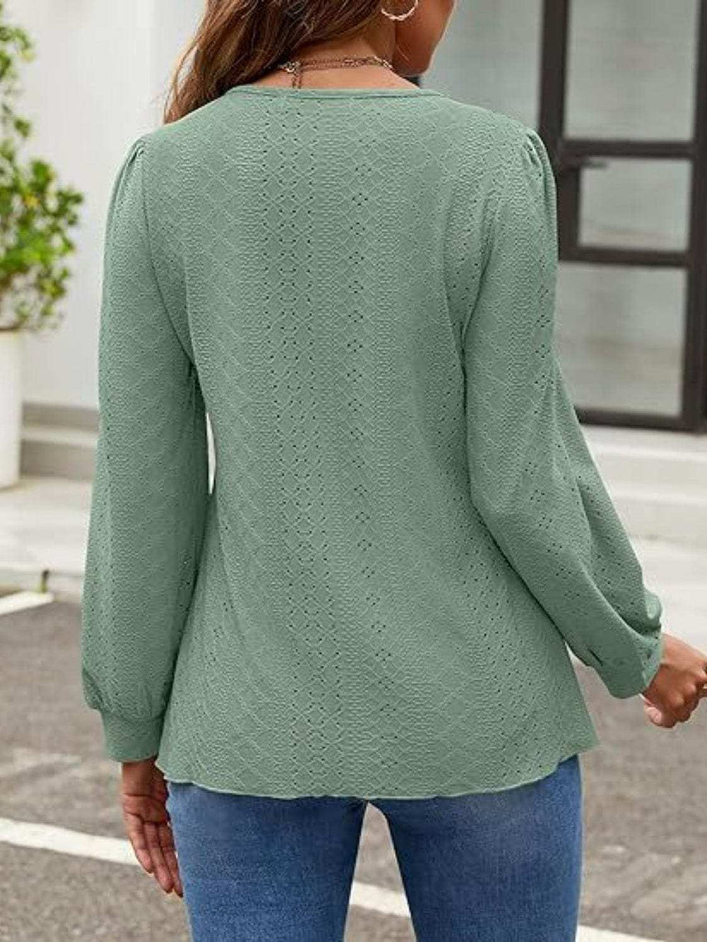 Eyelet Round Neck Long Sleeve Top - Trendsi - Flyclothing LLC