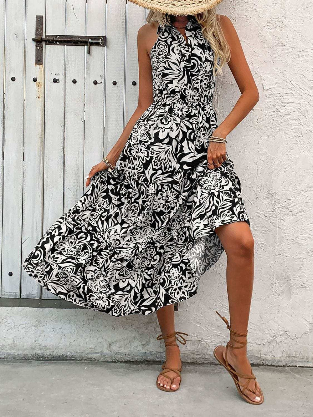 Backless Smocked Printed Sleeveless Midi Dress - Trendsi - Flyclothing LLC