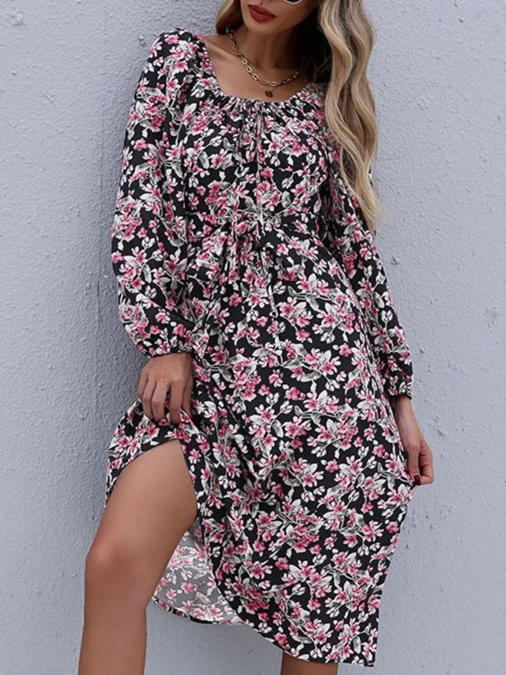 Floral Print Long Sleeve Midi Dress - Trendsi - Flyclothing LLC