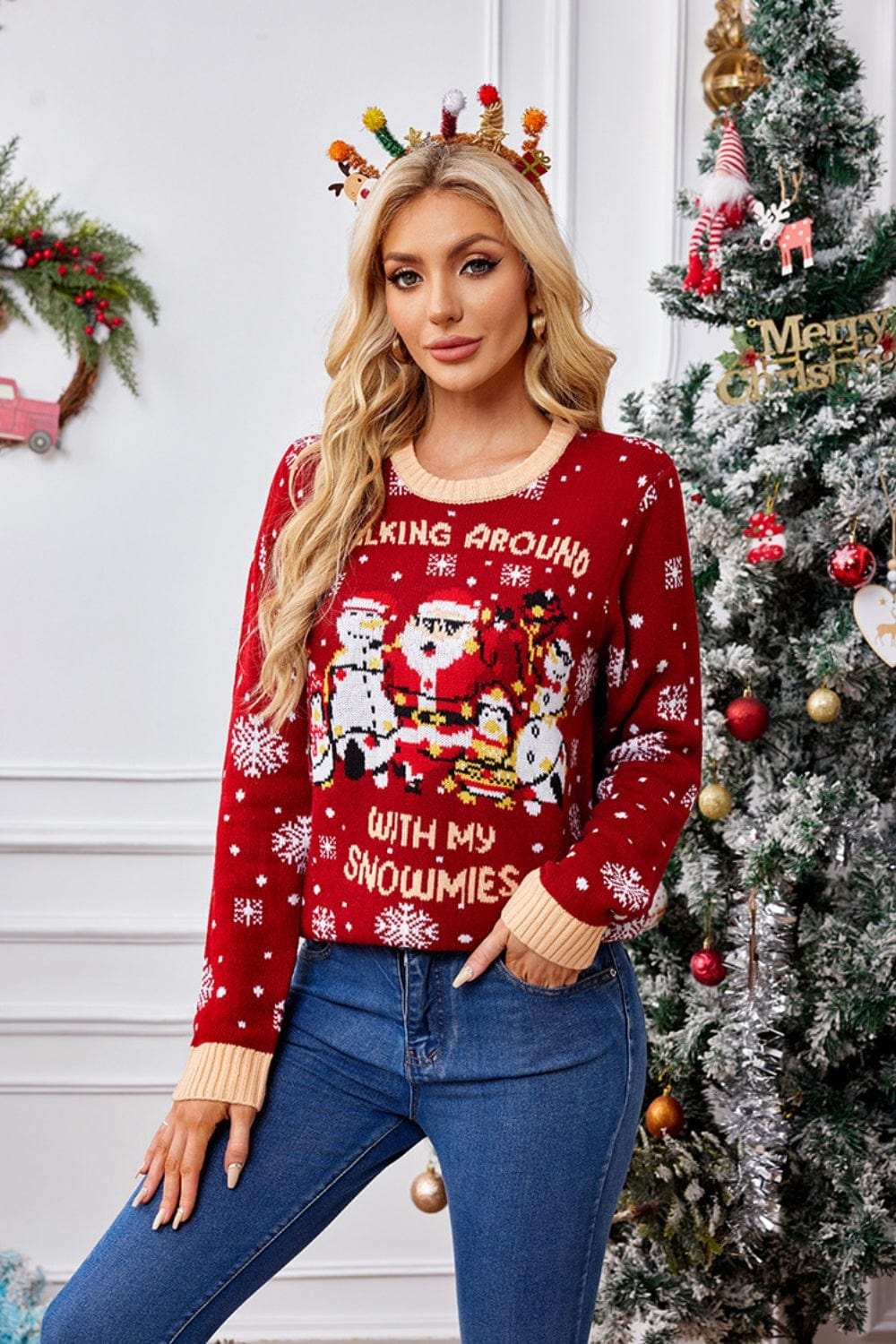 Christmas Pattern Round Neck Long Sleeve Sweater - Trendsi - Flyclothing LLC