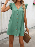 Button Up V-Neck Cap Sleeve Mini Dress - Trendsi - Flyclothing LLC