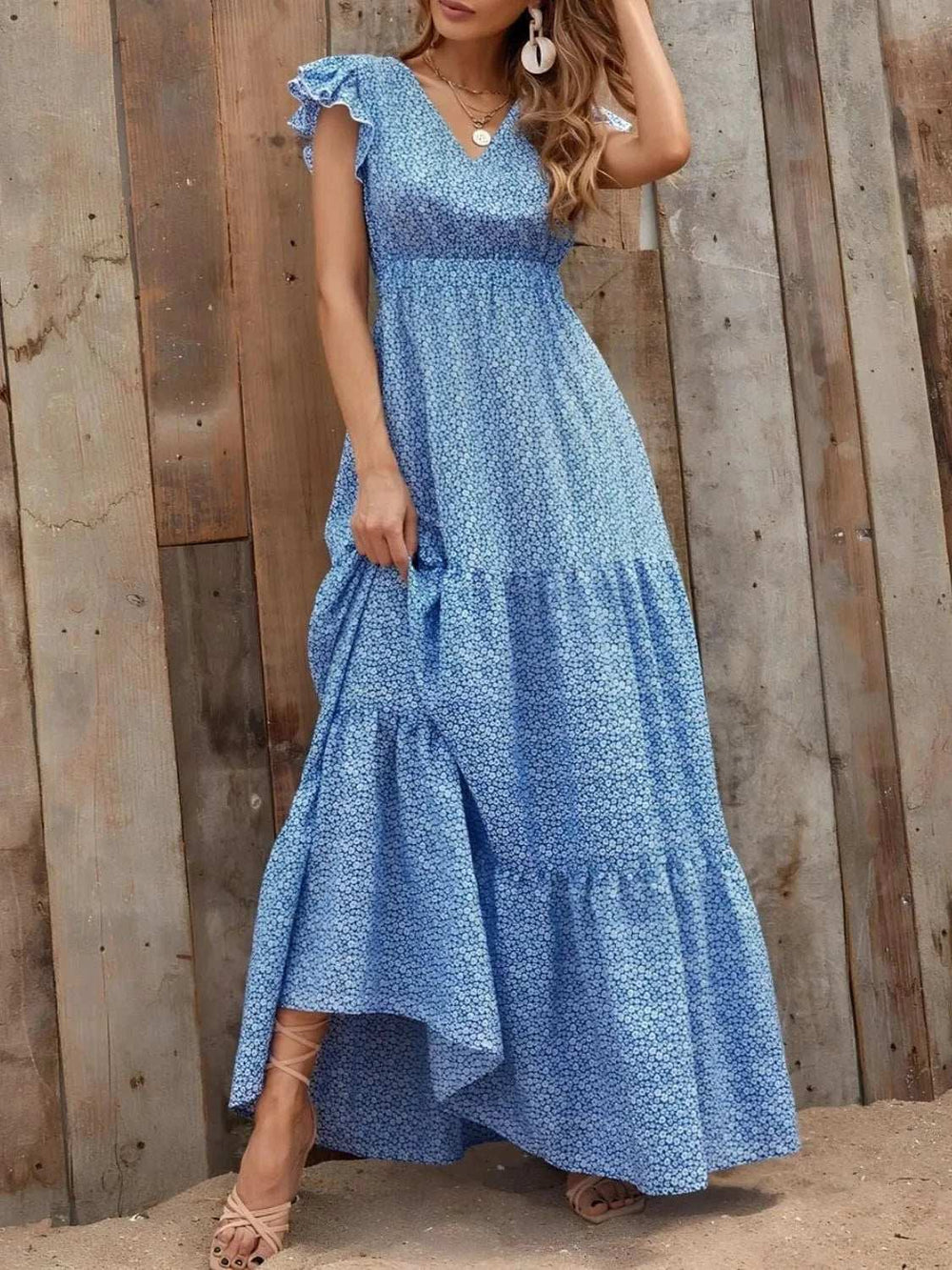 Printed V-Neck Ruffled Cap Sleeve Maxi Dress - Trendsi - Flyclothing LLC