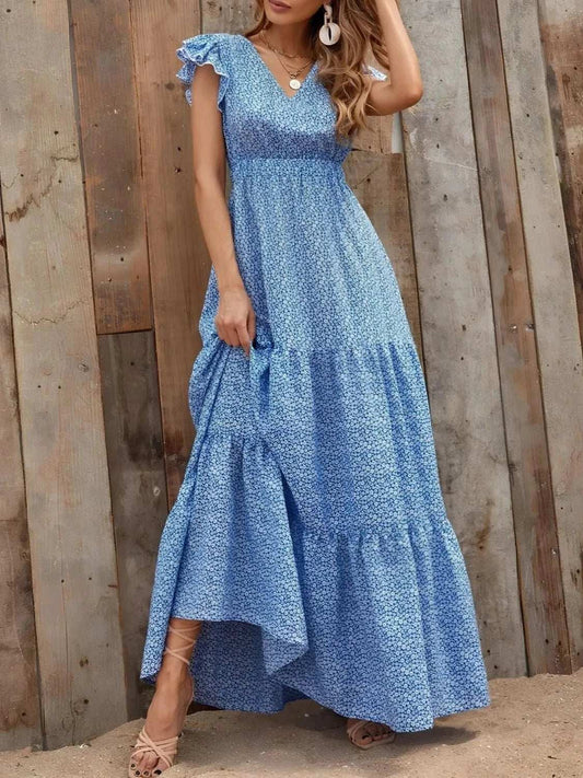 Printed V-Neck Ruffled Cap Sleeve Maxi Dress - Trendsi - Flyclothing LLC