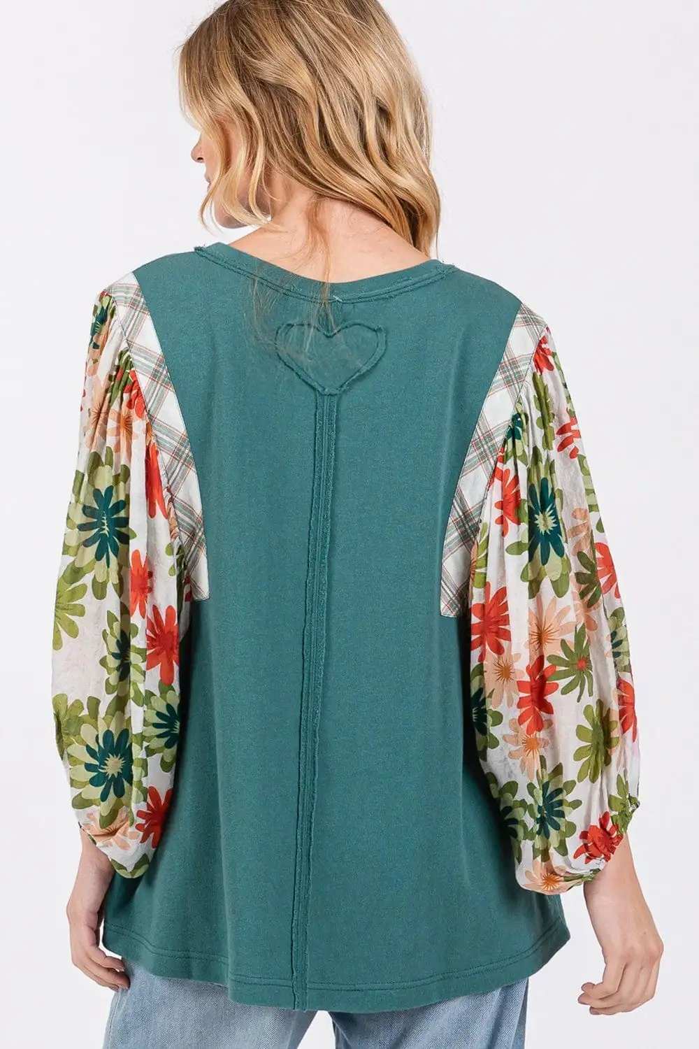 SAGE + FIG Full Size Printed Balloon Sleeve Contrast Top - Trendsi - Flyclothing LLC