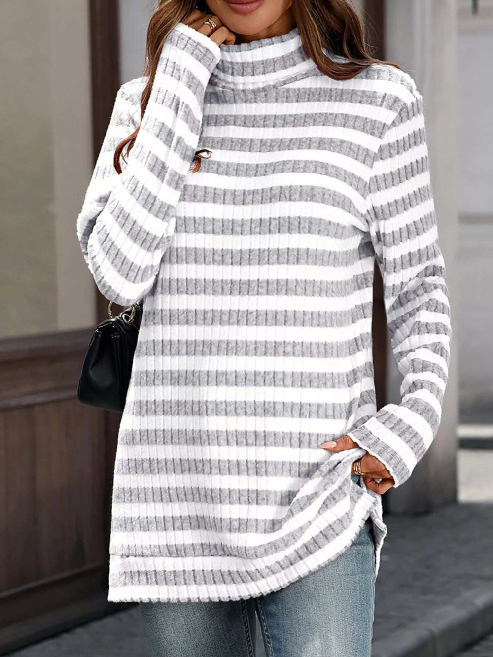 Striped Turtleneck Long Sleeve Knit Top - Trendsi - Flyclothing LLC