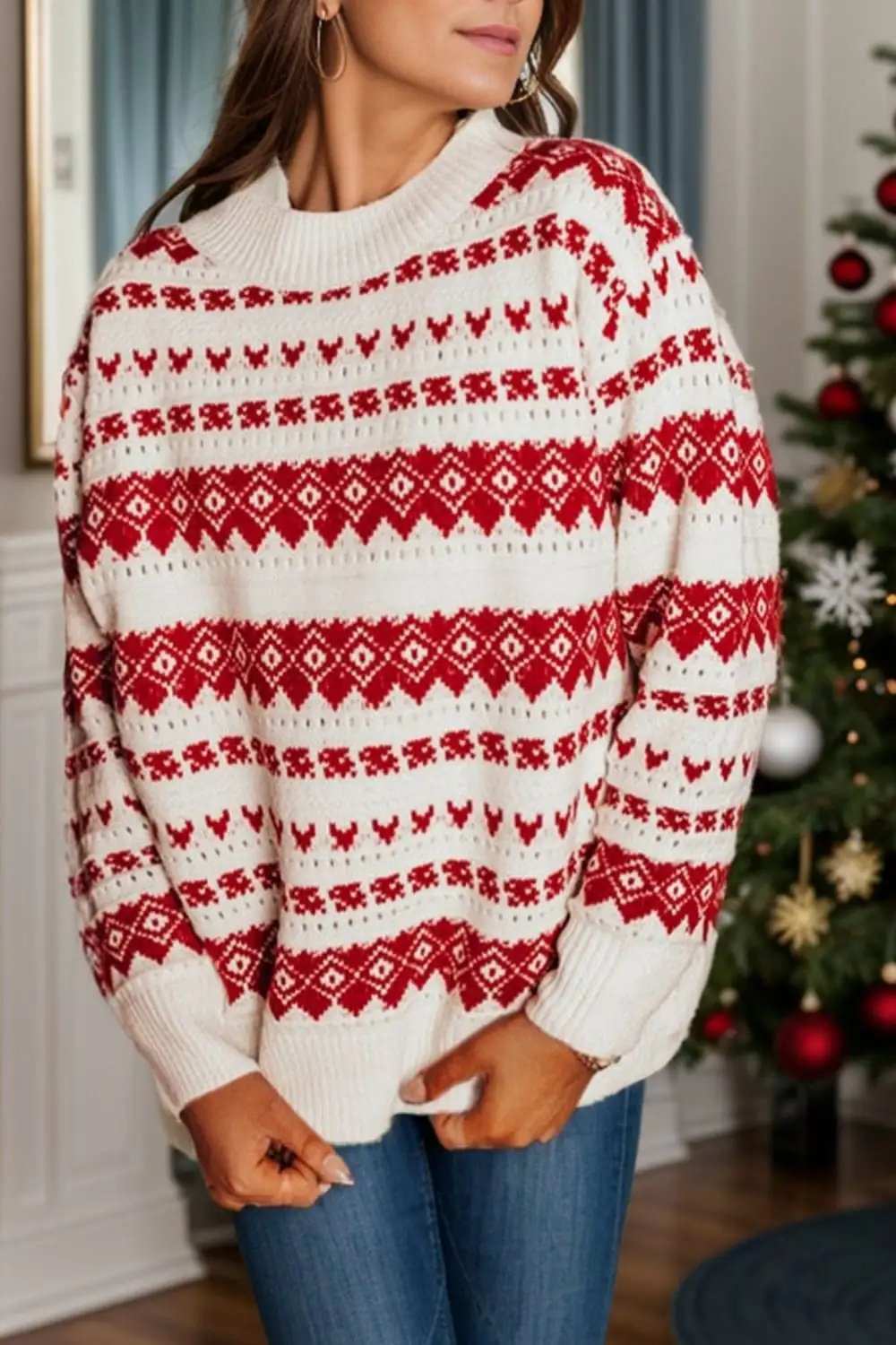 Geometric Round Neck Dropped Shoulder Sweater - Trendsi - Flyclothing LLC