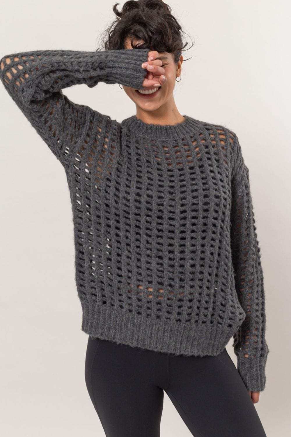HYFVE Openwork Round Neck Long Sleeve Knit Cover Up - Trendsi - Flyclothing LLC