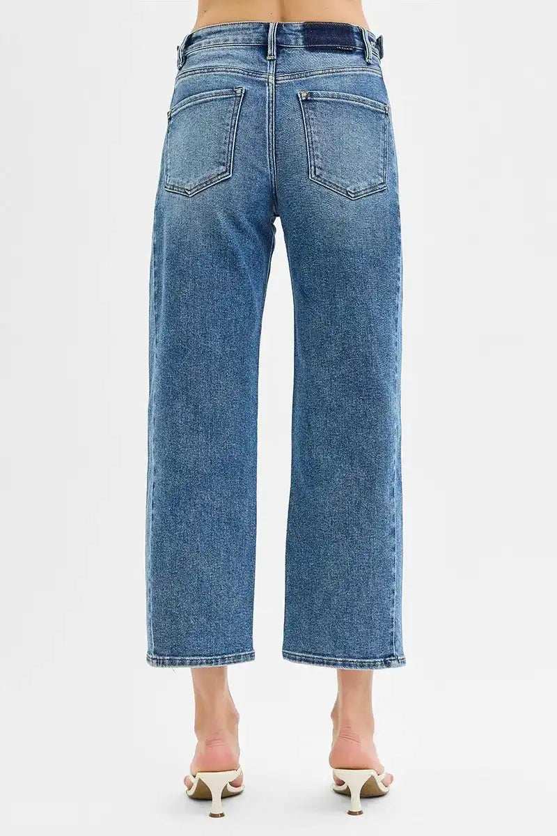 RISEN High Rise Crop Length Barrel Adjustable Waist Band Jeans - Trendsi - Flyclothing LLC