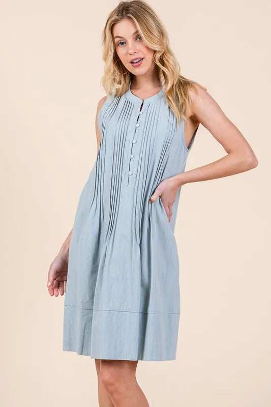 Lime 'N' Chili Denim Pintuck Detail Sleeveless Midi Dress - Trendsi - Flyclothing LLC