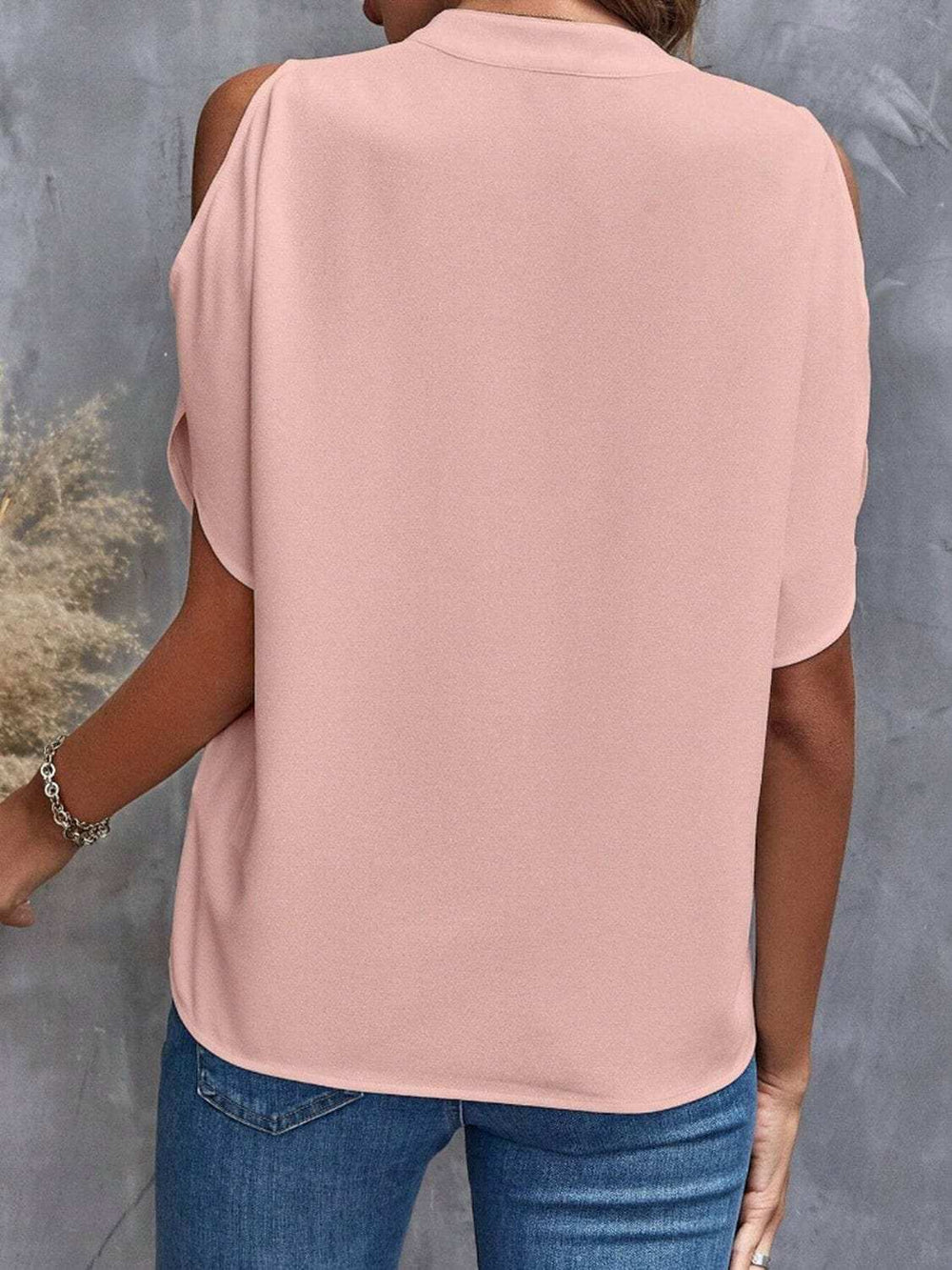 Notched Cold Shoulder Half Sleeve Blouse - Trendsi - Flyclothing LLC