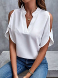 Notched Cold Shoulder Half Sleeve Blouse - Trendsi - Flyclothing LLC