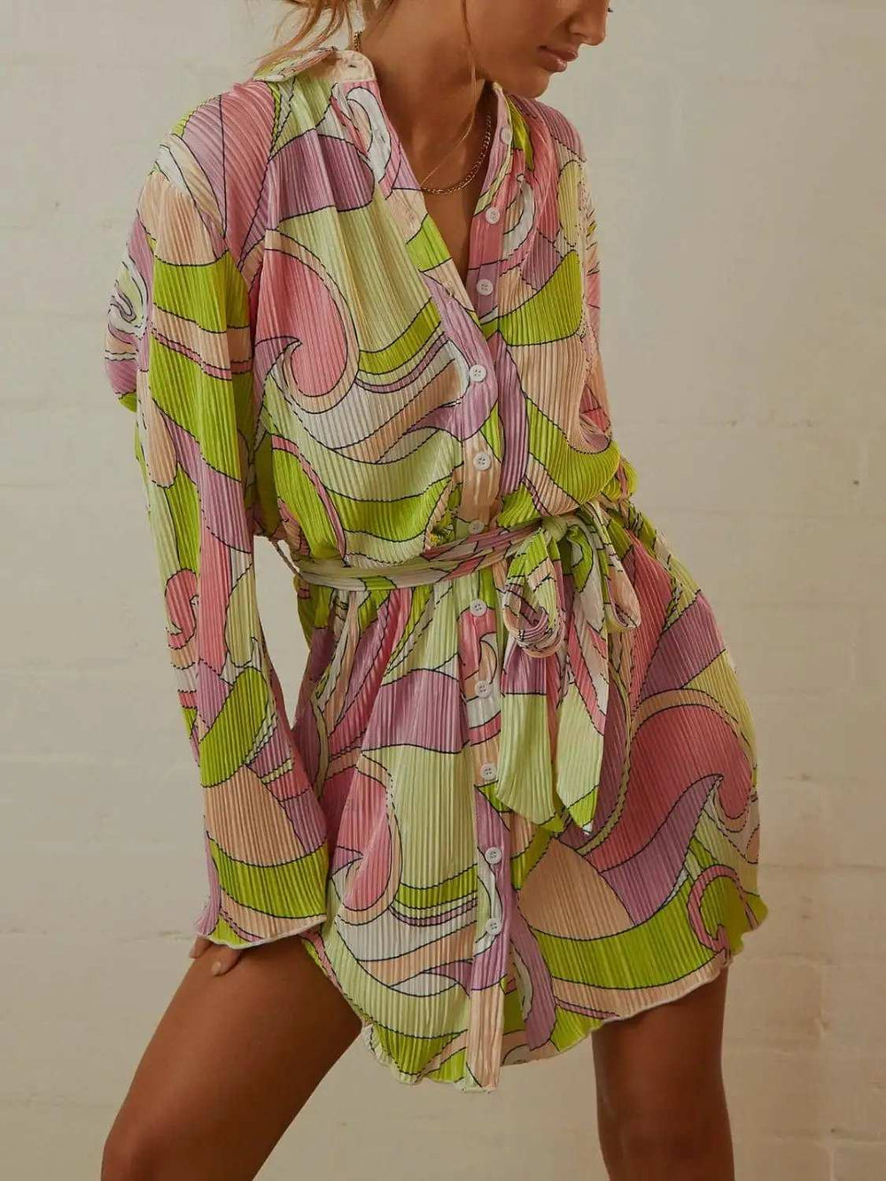 Tied Button Up Long Sleeve Dress - Trendsi - Flyclothing LLC