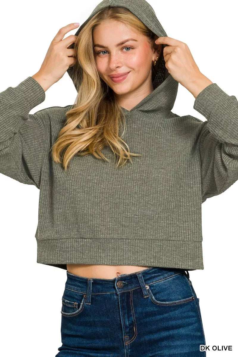 Zenana Drop Shoulder Ribbed Crop Hoodie - Trendsi - Flyclothing LLC
