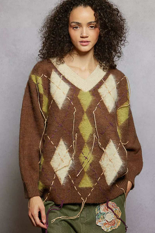 POL V-Neck Argyle Pattern Mohair Sweater with Contrast Exposed Stitch Detail - Trendsi - Flyclothing LLC