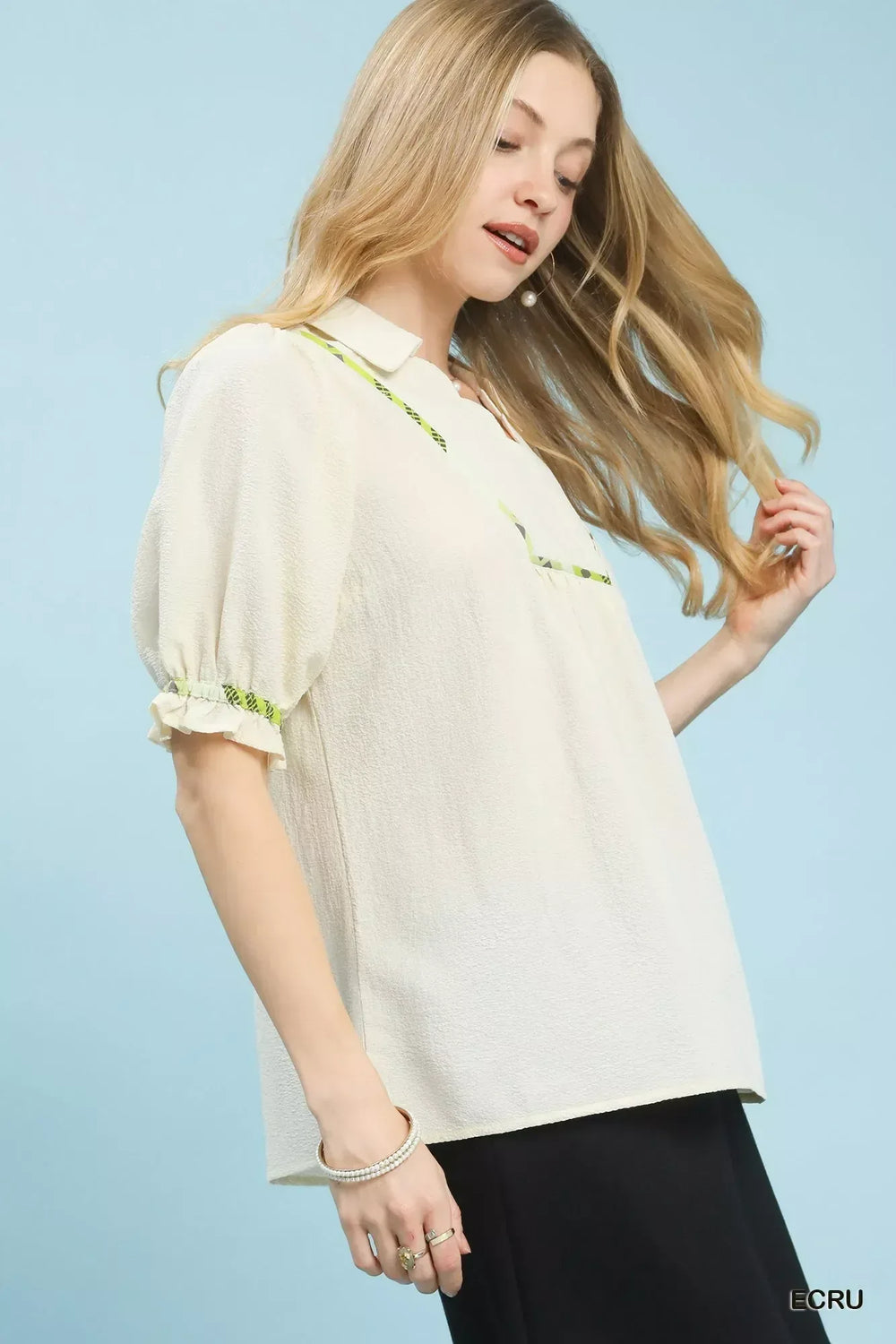 Umgee Scalloped Trim Blouse with Puff Sleeves - Trendsi - Flyclothing LLC