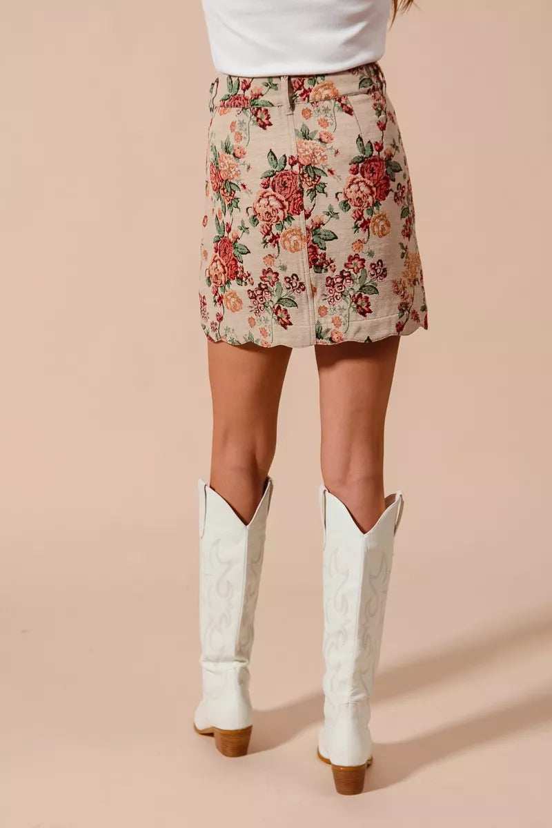 SO ME Floral Jacquard Button Front Mini Skirt with Scall - Trendsi - Flyclothing LLC