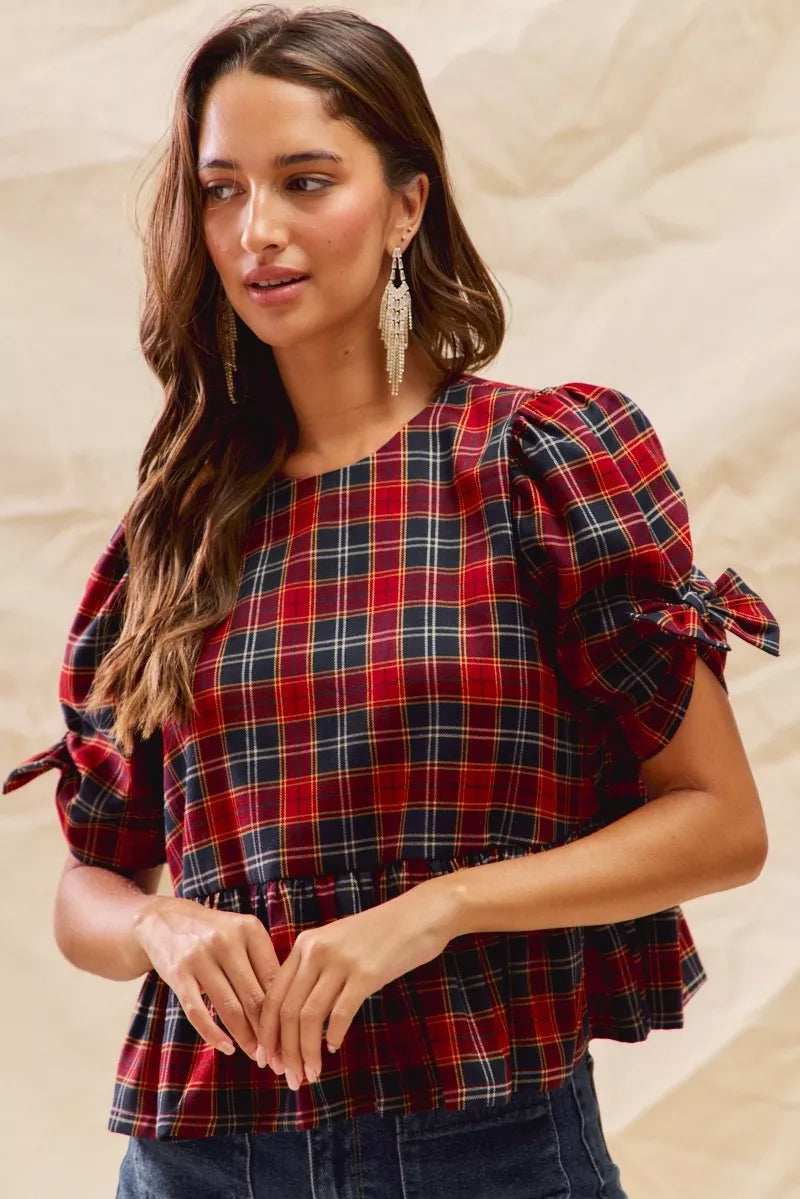 SO ME Christmas Holiday Plaid Ribbon Short Sleeves Top - Trendsi - Flyclothing LLC
