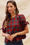 SO ME Christmas Holiday Plaid Ribbon Short Sleeves Top - Trendsi - Flyclothing LLC