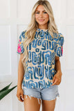 Embroidered Printed Mock Neck Short Sleeve Blouse - Trendsi - Flyclothing LLC