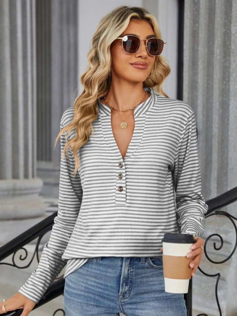 Striped Notched Long Sleeve T-Shirt - Trendsi - Flyclothing LLC
