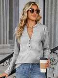 Striped Notched Long Sleeve T-Shirt - Trendsi - Flyclothing LLC