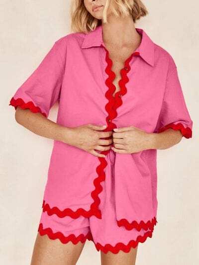 Contrast Trim Half Sleeve Top and Shorts Set - Trendsi - Flyclothing LLC