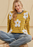 Flower Stripe Round Neck Long Sleeve Sweater - Trendsi - Flyclothing LLC