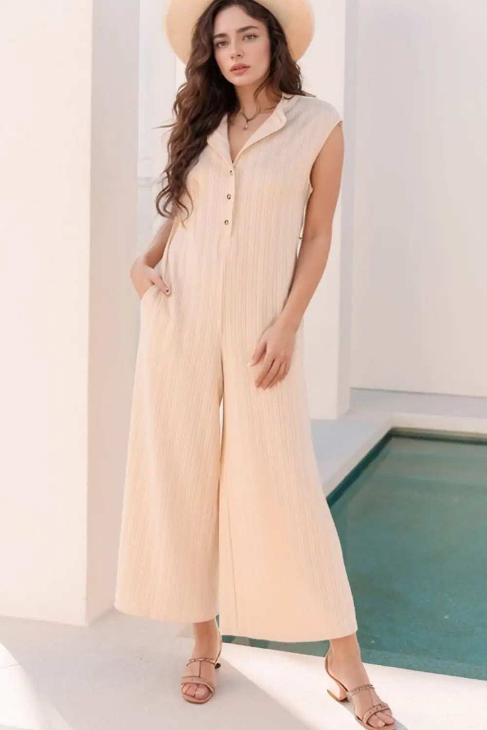 Textured Button Front Wide Leg Cap Sleeve Jumpsuit - Trendsi - Flyclothing LLC