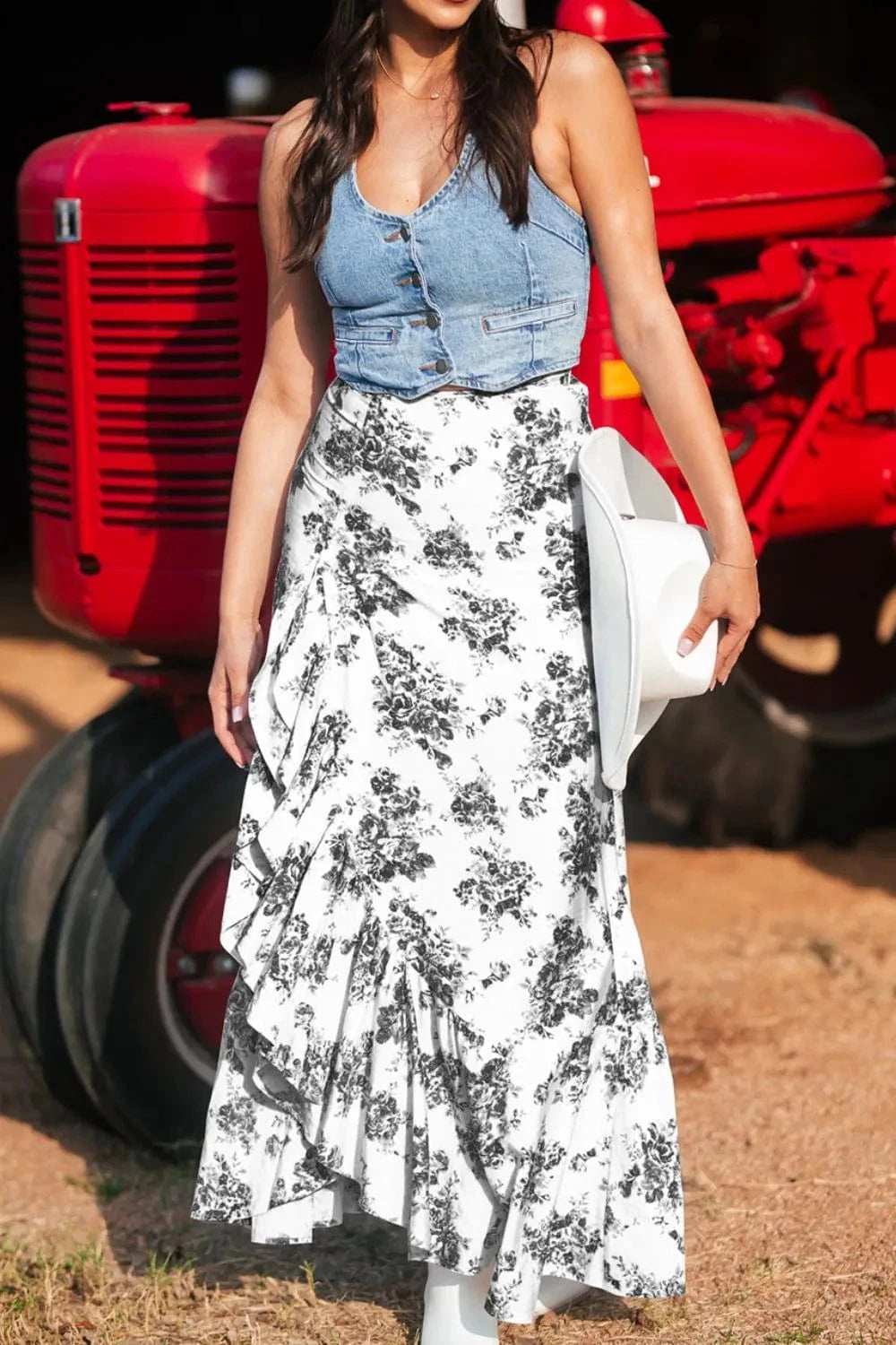 Boho Floral High Waist Ruffle Split Maxi Skirt - Trendsi - Flyclothing LLC
