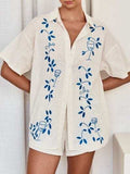 Embroidered Button Up Half Sleeve Top and Shorts Set - Trendsi - Flyclothing LLC
