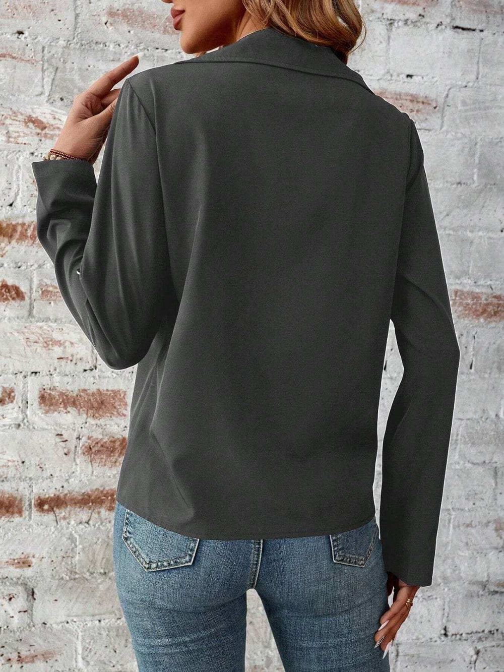 Zip Up Collared Neck Roll-Tab Sleeve Jacket - Trendsi - Flyclothing LLC