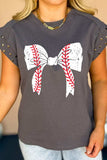 Studded Bow Graphic Round Neck Cap Sleeve T-Shirt - Trendsi - Flyclothing LLC