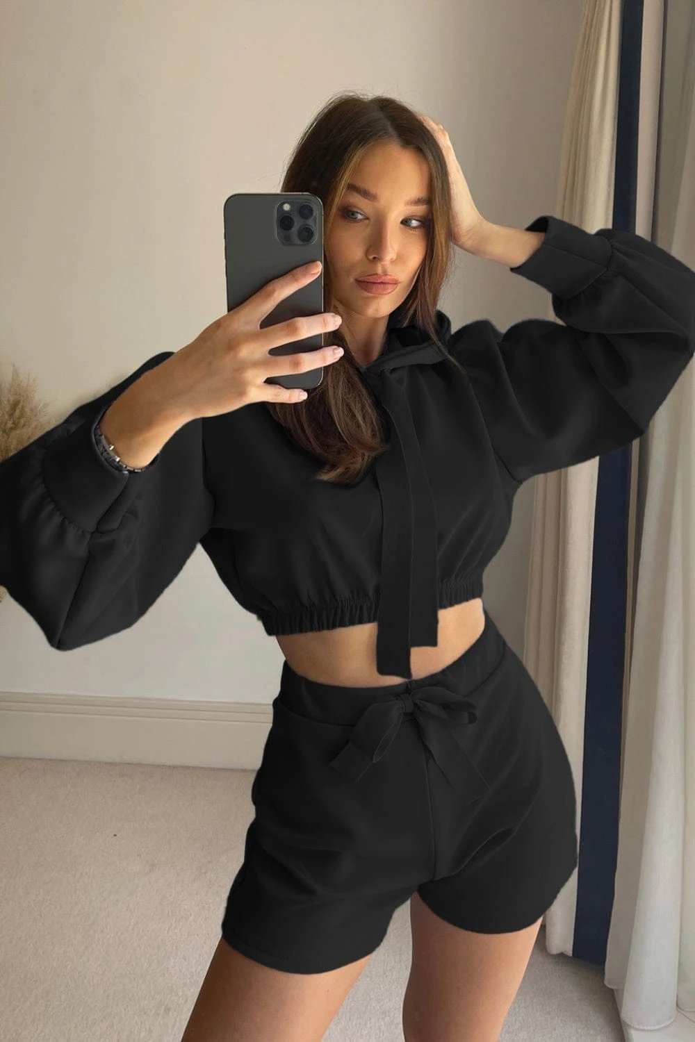 Drawstring Long Sleeve Hooded Top and Shorts Set - Trendsi - Flyclothing LLC