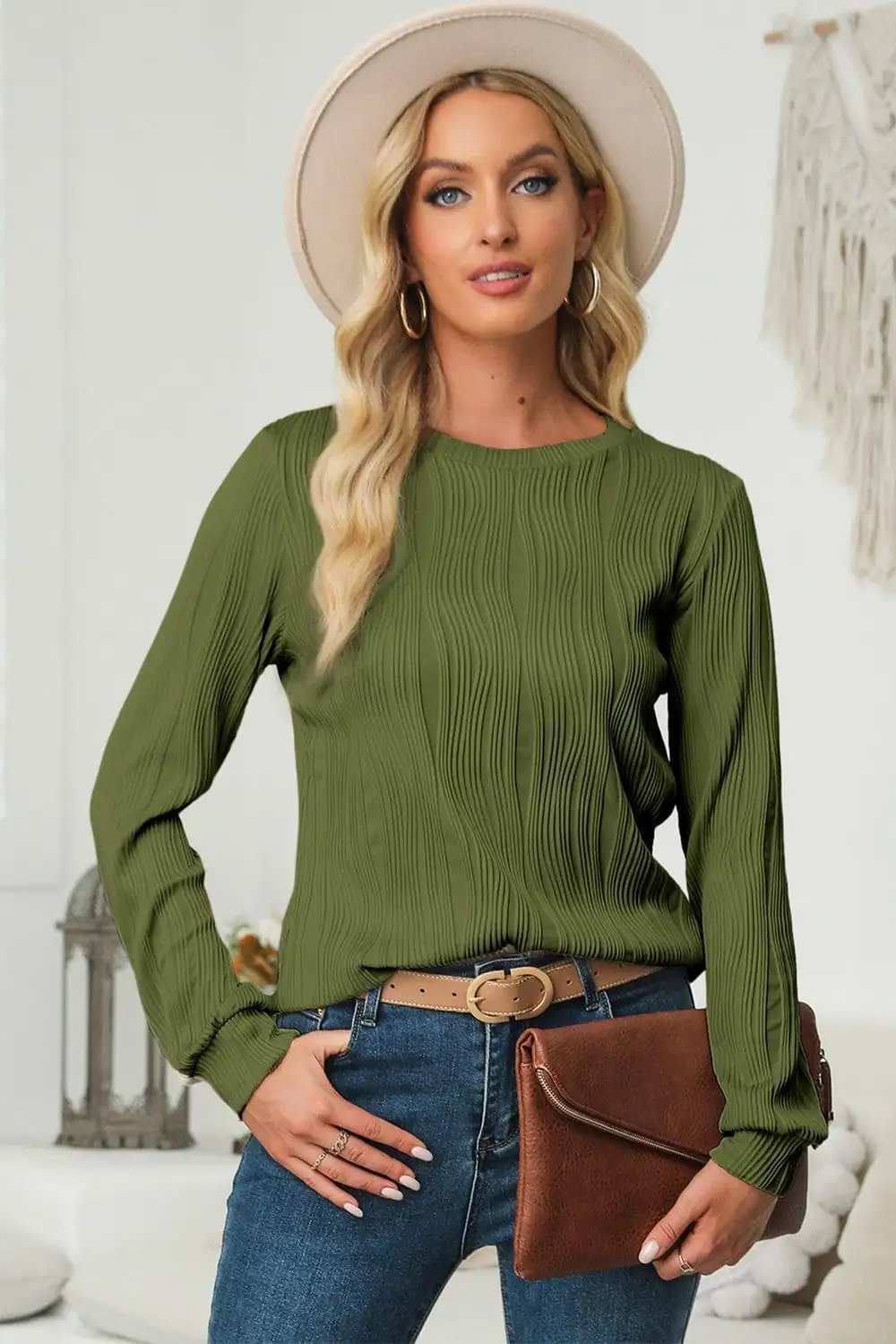 Textured Round Neck Long Sleeve Blouse - Trendsi - Flyclothing LLC