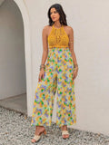 Openwork Halter Neck Floral Wide Leg Jumpsuit - Trendsi - Flyclothing LLC