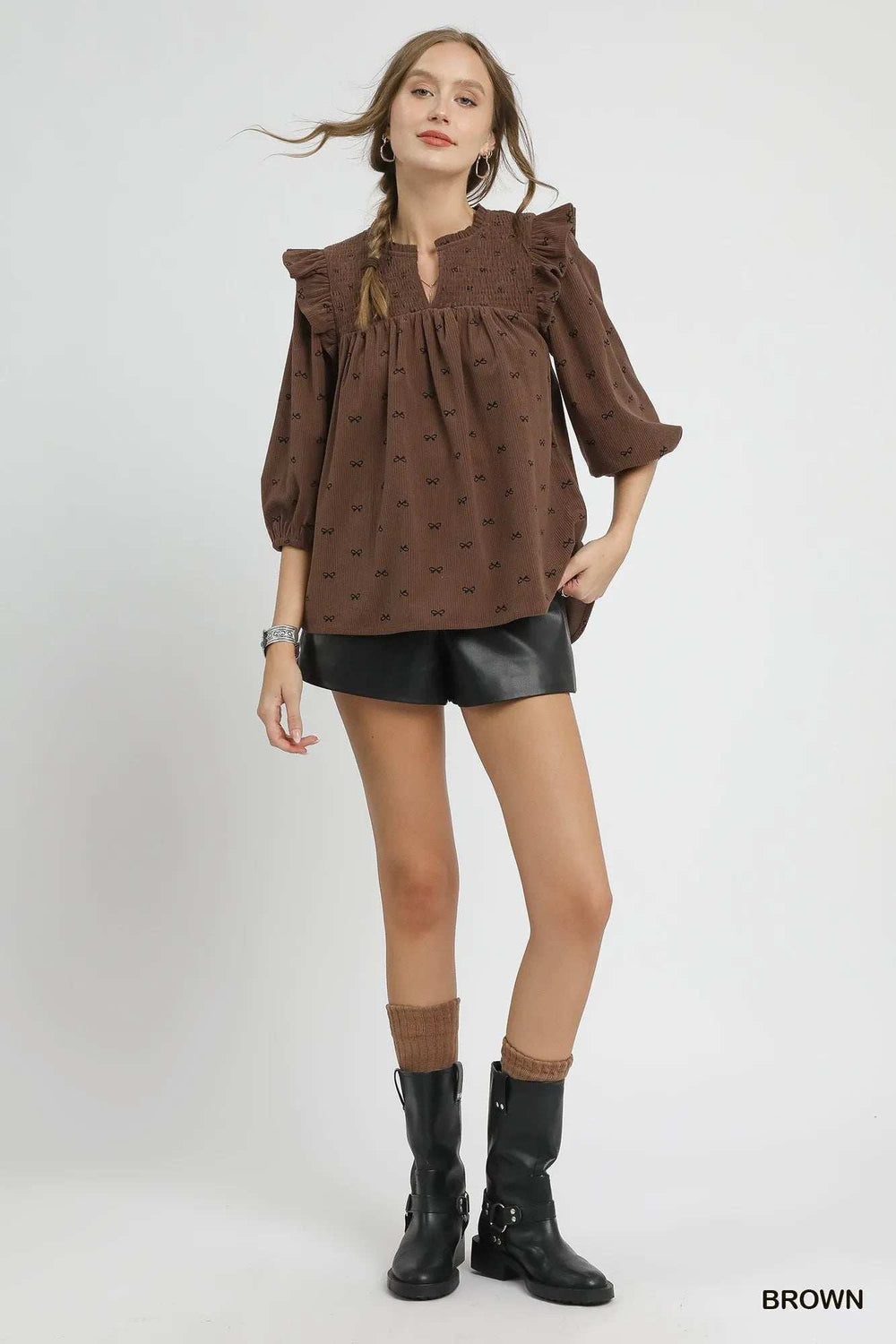 Umgee Bow Print Corduroy Puff Sleeve Blouse with Ruffled - Trendsi - Flyclothing LLC