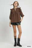 Umgee Bow Print Corduroy Puff Sleeve Blouse with Ruffled - Trendsi - Flyclothing LLC