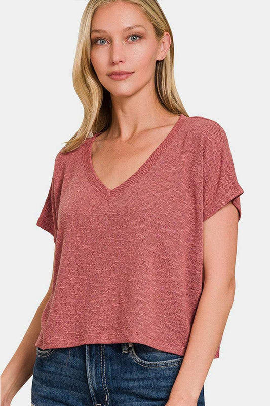 Zenana V-Neck Short Sleeve Crop T-Shirt - Trendsi - Flyclothing LLC