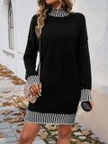 Striped Mock Neck Long Sleeve Sweater Dress - Trendsi - Flyclothing LLC