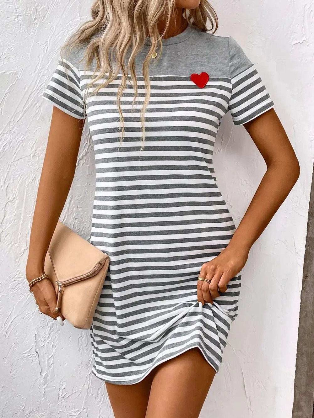 Striped Round Neck Short Sleeve Mini Dress - Trendsi - Flyclothing LLC