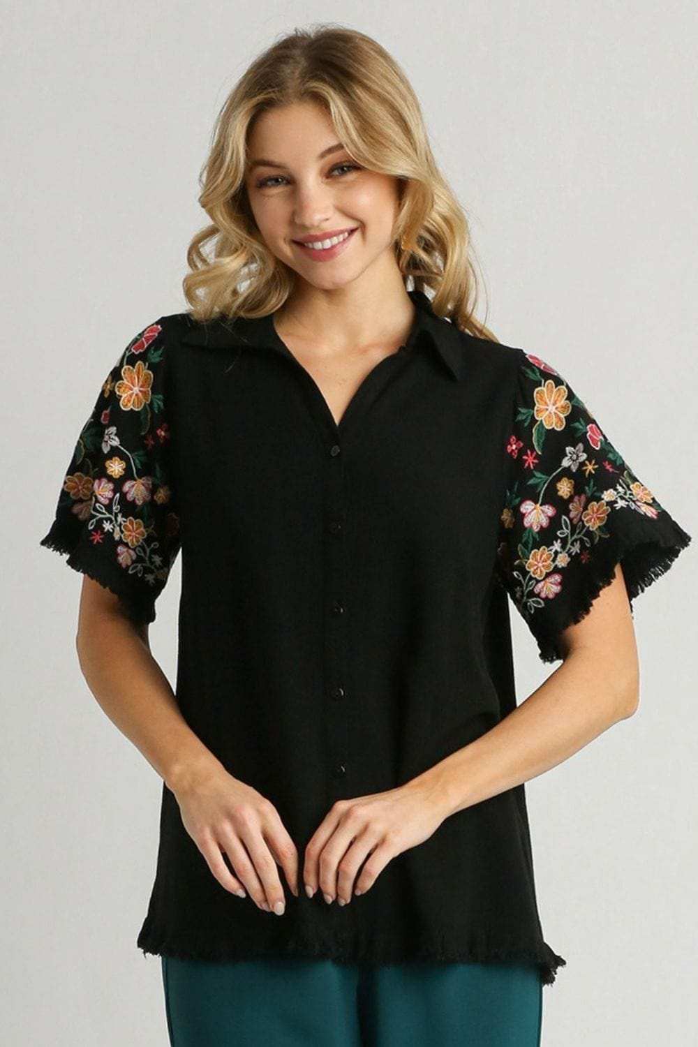 Umgee Full Size Linen Shirt with Embroidered Sleeves Plus Size - Trendsi - Flyclothing LLC