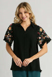 Umgee Full Size Linen Shirt with Embroidered Sleeves Plus Size - Trendsi - Flyclothing LLC