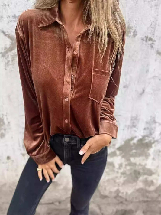 Full Size Velvet Button-Up Long Sleeve Shirt Plus Size - Trendsi - Flyclothing LLC