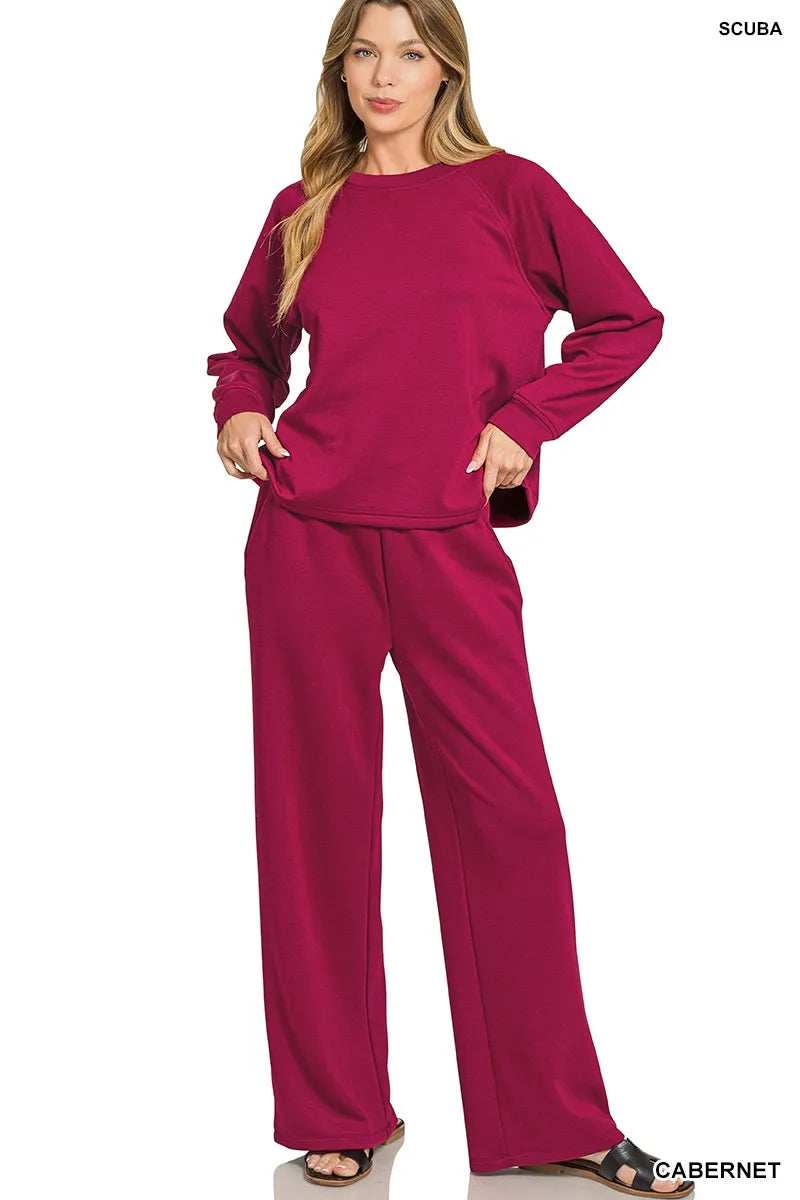 Zenana Scuba Crewneck Sweatshirt and Pants Set - Trendsi - Flyclothing LLC